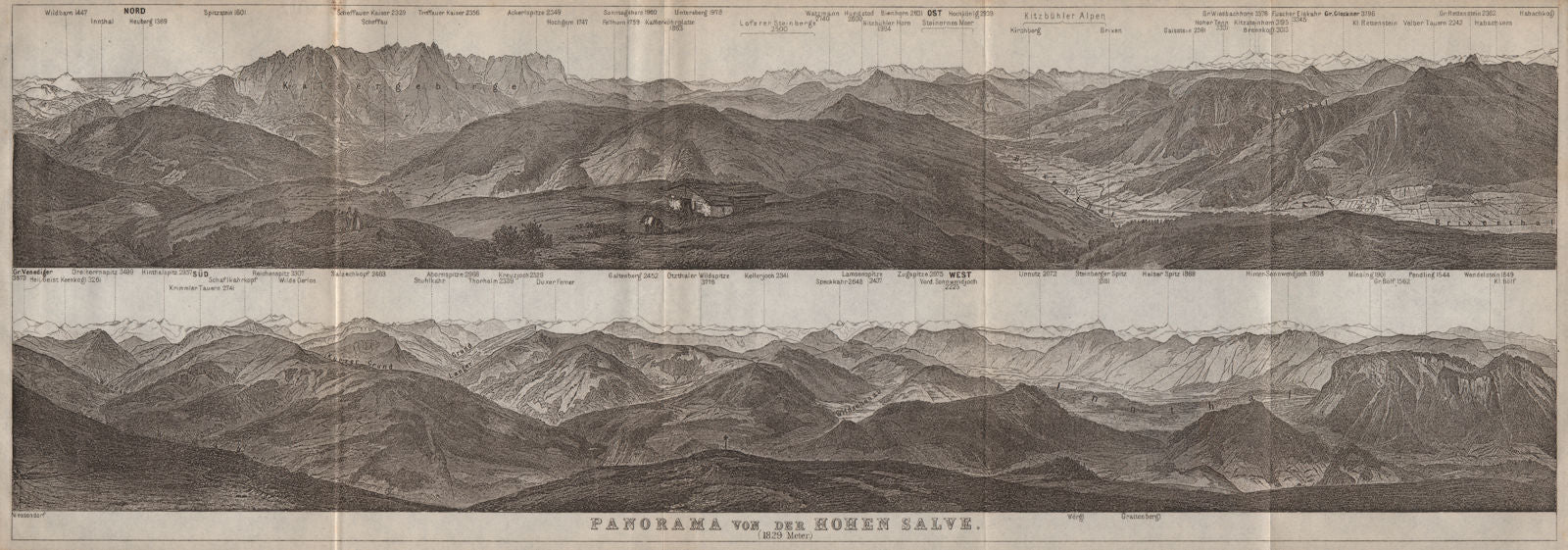 PANORAMA from/vom HOHEN SALVE. Kitzbühler Alpen Tirol Österreich karte 1927 map